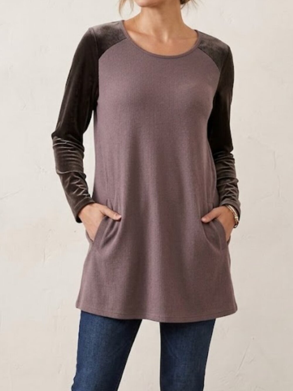 Soft Surroundings XL Tunic Top Mauve Ribbed Knit Velvet Sleeve Mixed Media Pocke